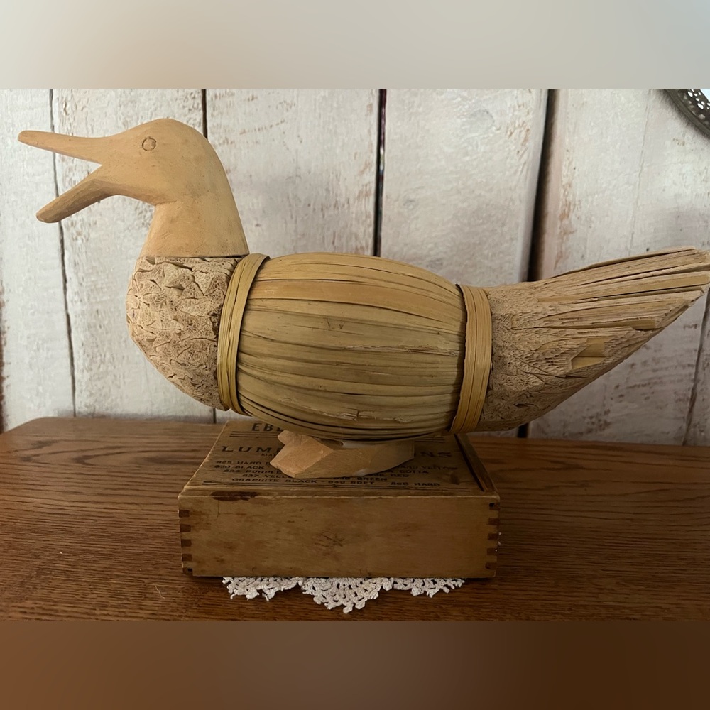 Vintage Folk Art Duck Sculpture | Hand Carved Wood & Woven Reed Decor